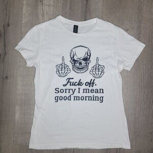 Funny Gildan Softstyle White T-Shirt With Skull & Middle Finger Design